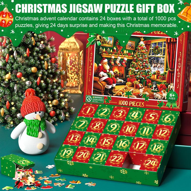 TIBLUE Christmas Eve Handcrafted Jigsaw Puzzle 2024-1000 Pieces Christmas Jigsaw Puzzles for Adults, Advent Calendar Family Game Puzzle Xmas Gift Idea 24 Days Surprises for Women Men