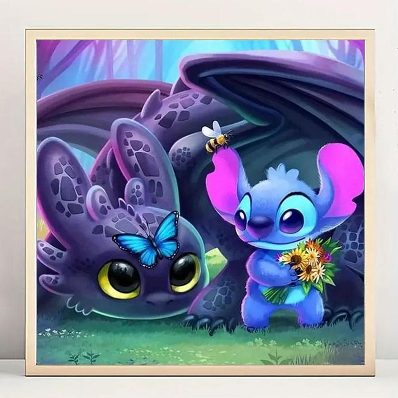 Cartoon Dragon and Stitch Pattern DIY Diamond Arts Colorful Painting Kit without Frame, DIY 5D Diamond Art Painting for Beginners, Home Bedroom Wall Decorations