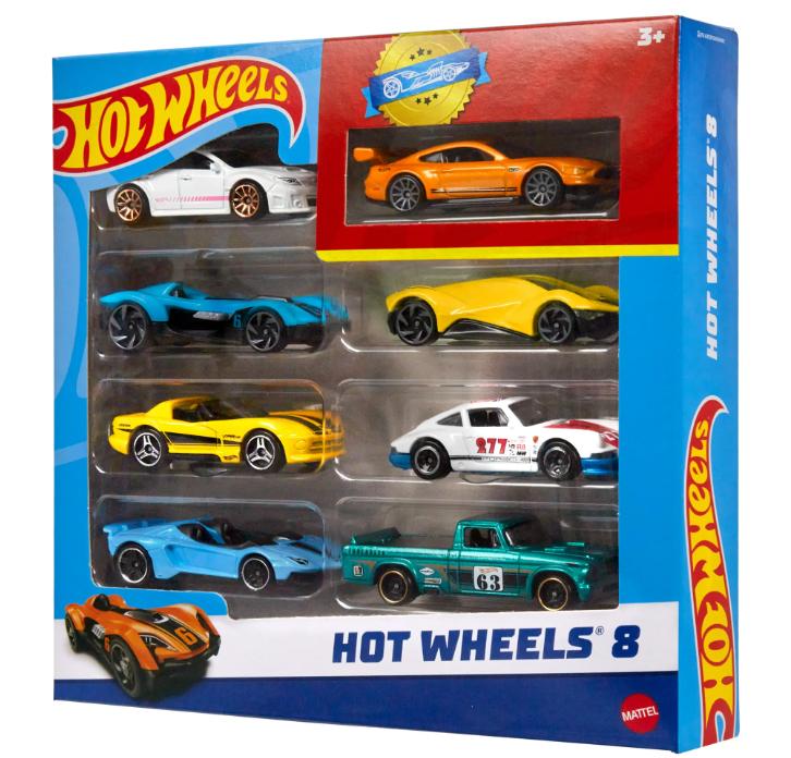 Hot Wheels Set of 8 Basic Toy Cars & Trucks in 1:64 Scale Including 1 Exclusive Car, Styles May Vary, Items May Not be Pictured