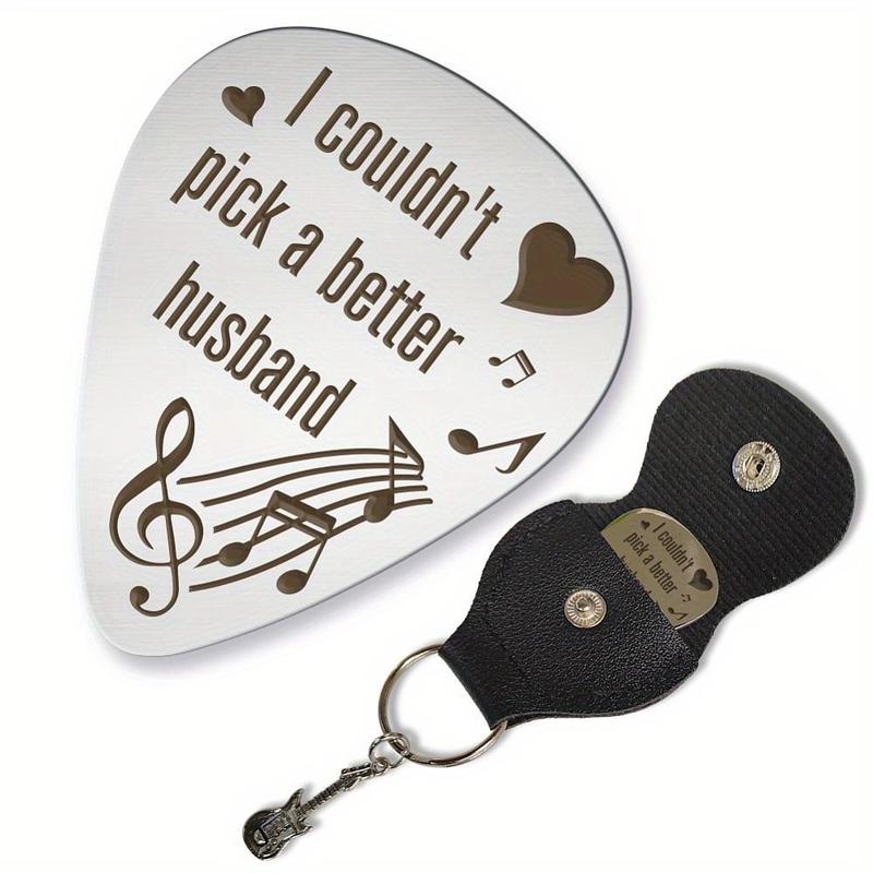 Stainless Steel Guitar Pick with Black PU Leather Holder, Music Note Pattern Guitar Pick, Music Accessories for Men, Husband, Boyfriend