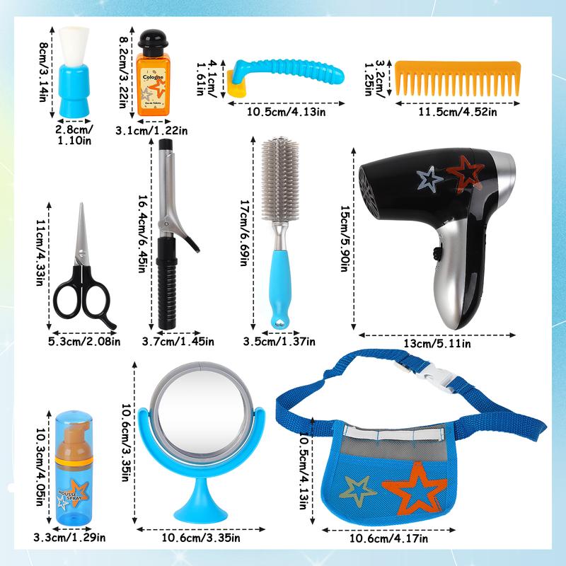 deAO Stylist Hairdresser Barber Salon Role Play Set with Hairdryer, Curling Iron, Belt and Styling Accessories Included Shaving Kit– Great Pretend Play Set Christmas Birthday Gift