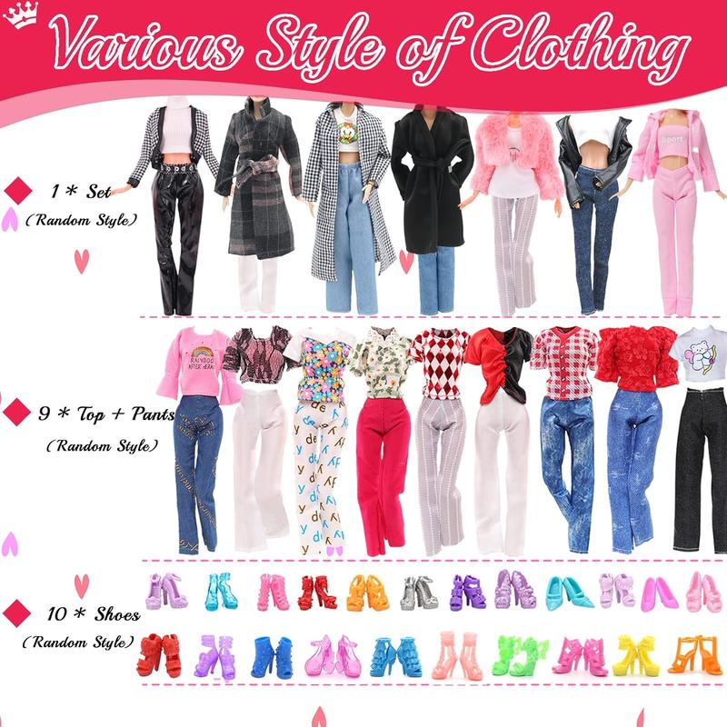 30 Pcs Doll Clothes and Accessories for Doll, 11.5 Inch Doll Outfit Collection Including 1 Set 9 Tops 9 Pants 10 Pairs Shoes(Random Style), for Girls Birthday Gifts