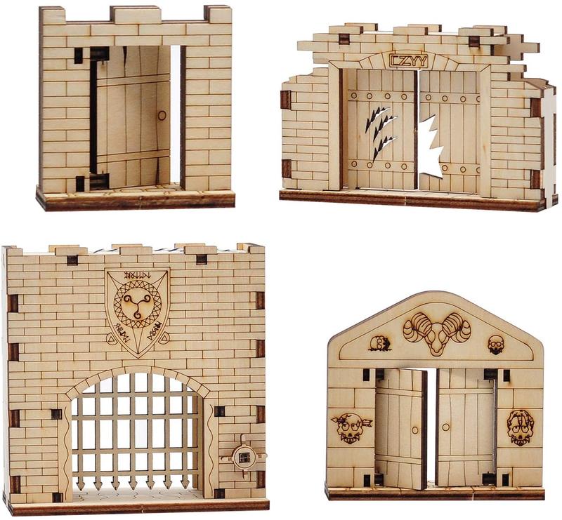 Dungeon Door & Portcullis Gate Miniatures (Set of 4) Wooden Laser Cut Open and Closed Fantasy Terrain 28mm Scale for Dungeons & Dragons, Pathfinder, D&D and Other Tabletop RPG