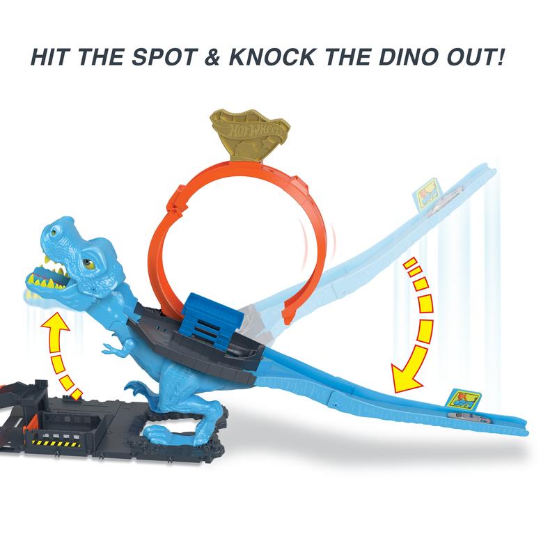 Toy Car Track Set, T-Rex Chomp Down with 1:64 Scale Vehicle, Knock Out The Giant Dinosaur with Stunts, Connects to Other Sets