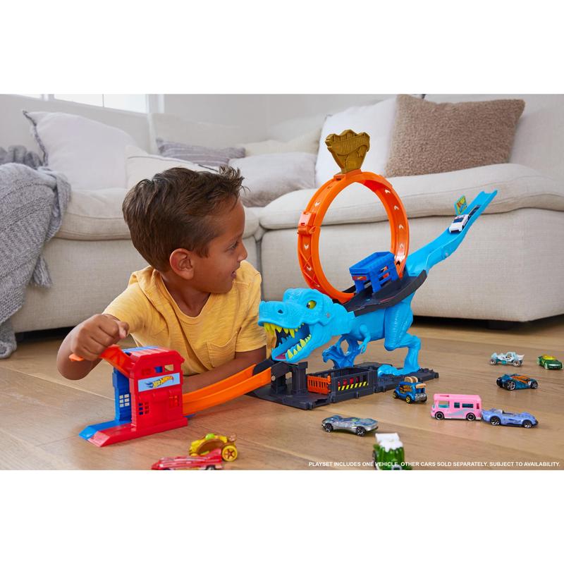 Toy Car Track Set, T-Rex Chomp Down with 1:64 Scale Vehicle, Knock Out The Giant Dinosaur with Stunts, Connects to Other Sets