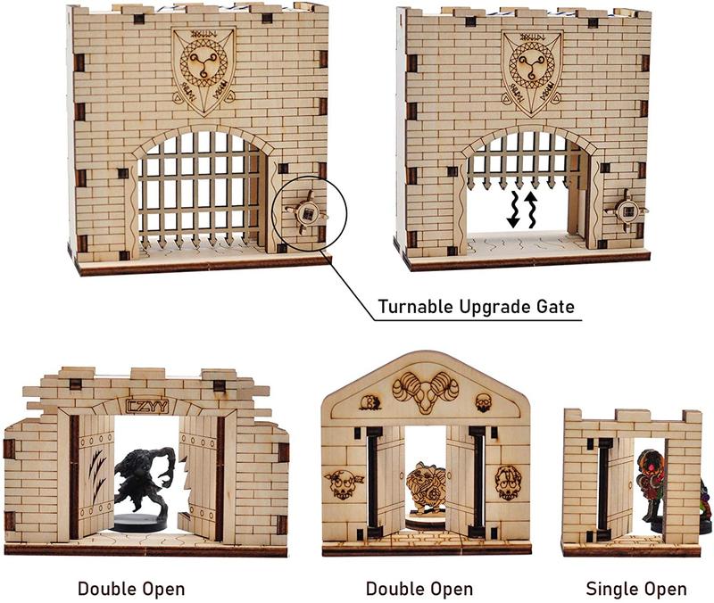 Dungeon Door & Portcullis Gate Miniatures (Set of 4) Wooden Laser Cut Open and Closed Fantasy Terrain 28mm Scale for Dungeons & Dragons, Pathfinder, D&D and Other Tabletop RPG