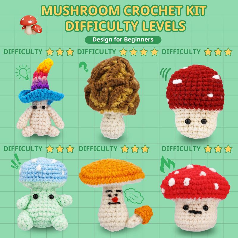 Mushroom Crochet Kit, 6 Counts set Cute Mushroom Crochet Starter Kit with Complete Accessories for Adults Beginners, DIY Knitting Supplies, Home Decoration