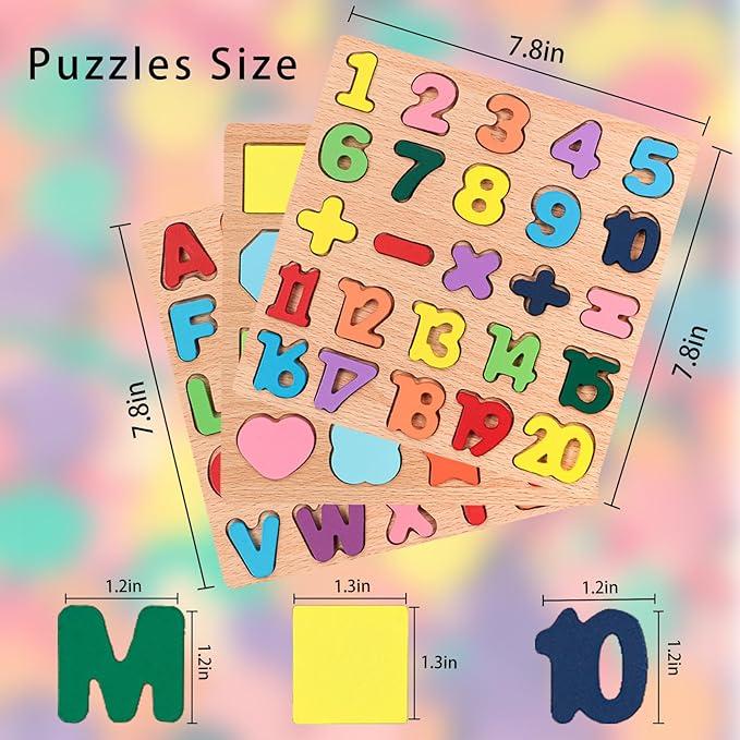 Wooden Jigsaw Puzzles for Kids, 3-Pack Kids Letter Shape Puzzles 3-Piece Wooden Kids Puzzles Wooden Letter Number Shape Puzzles Puzzle Toys for Boys and Girls