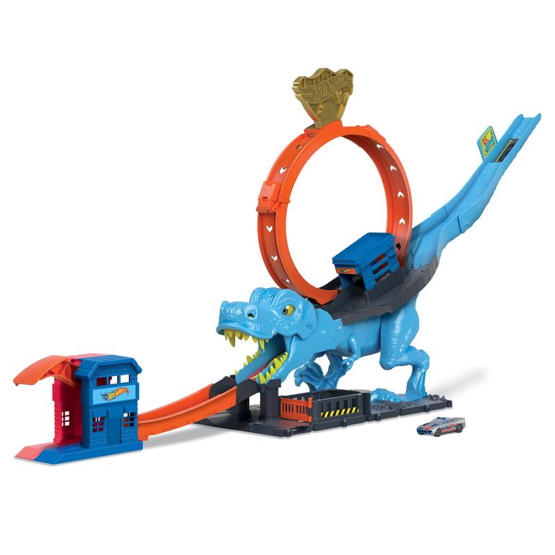 Toy Car Track Set, T-Rex Chomp Down with 1:64 Scale Vehicle, Knock Out The Giant Dinosaur with Stunts, Connects to Other Sets