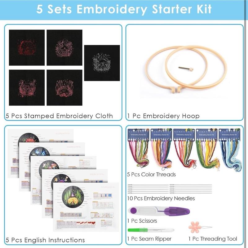 5 Sets Embroidery Kit for Beginners, Art Craft Handy Sewing Set Mushroom Cross Stitch Starter Kits, DIY Embroidery Kits with Patterns and Instructions Hoops Needles Threads