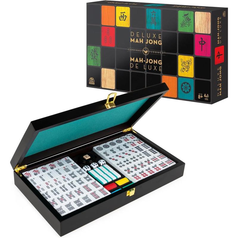 Mah Jong Classic Game with Two-Toned Tiles and Lined Wood Storage Case, Family Game for 4 Players Ages