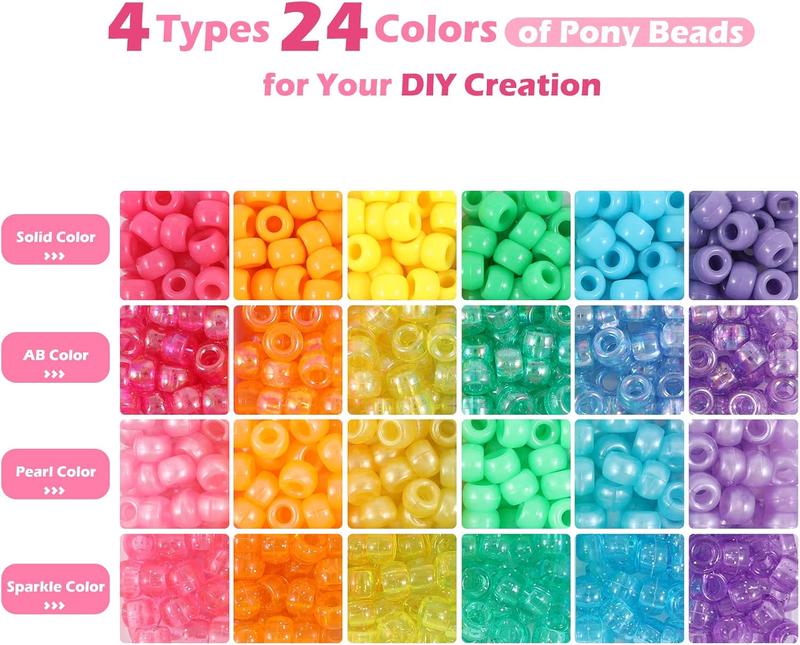 Kandi Beads Bracelet Making Kit, Rainbow Pony Beads for  Making DIY Crafts for Women, Hair Beads for Braids with 3 Hair Beaders Rubber Bands, Ideal Gift