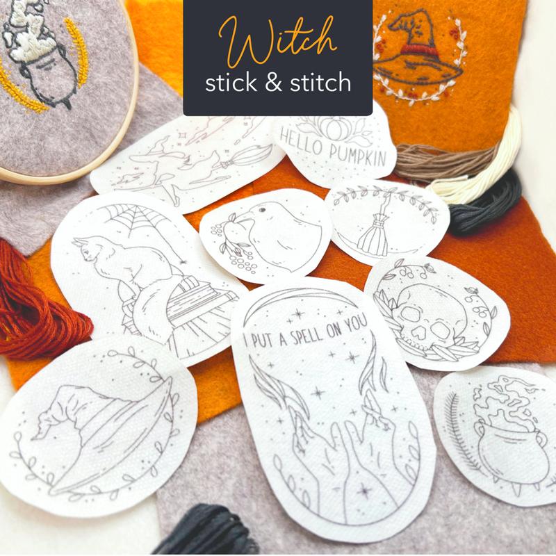 Stick and Stitch Halloween Witch Embroidery Patterns, Water-Soluble Embroidery Designs For Clothing, Bags, Hats, and Wall Art