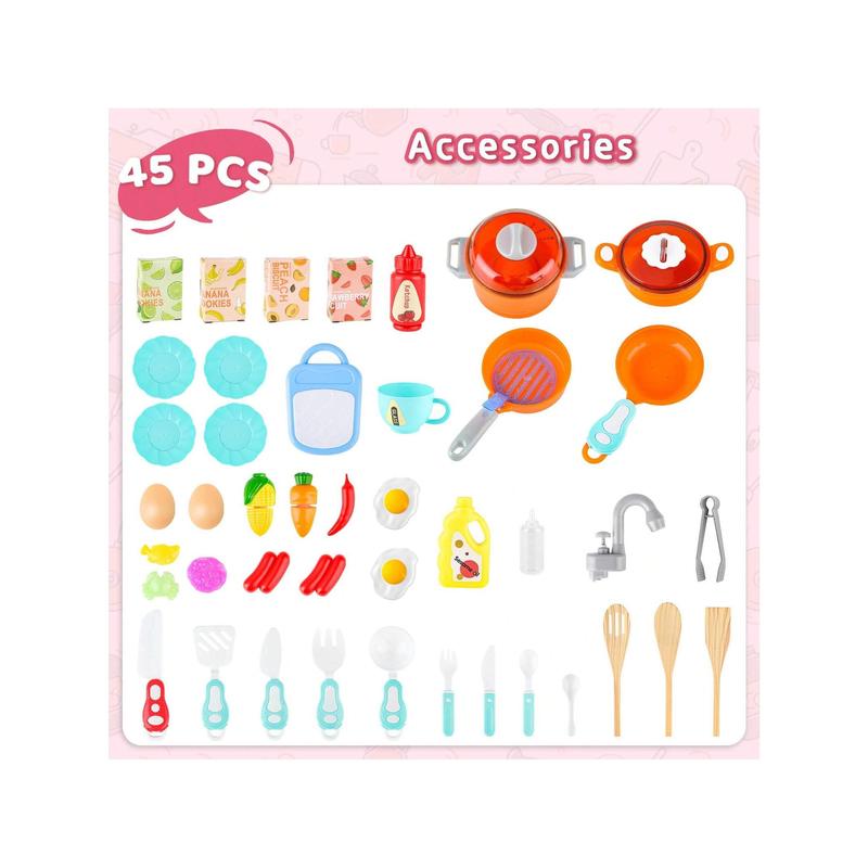 Kids Kitchen Playset, 45 PCS Sound Light Pretend Play Kitchen Toys With Cooking Stove Steam Play Sink Food And Toy Kitchen Accessories, Birthday Gift For Toddlers Boys Girls(Pink),Christmas Toy Gifts