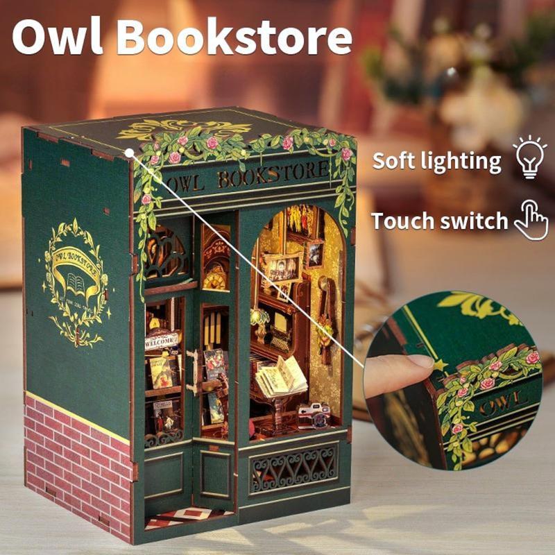 DIY Miniature Kit Book Nook: Owl Bookstore w  LED Lights