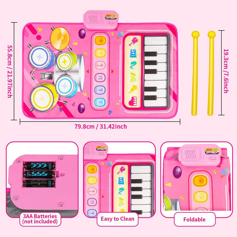 deAO Piano Mat Pink Piano & Drum Mat 2 in 1, Musical Piano Mat Toy Birthday Gift