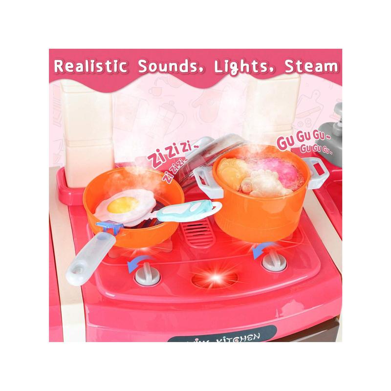 Kids Kitchen Playset, 45 PCS Sound Light Pretend Play Kitchen Toys With Cooking Stove Steam Play Sink Food And Toy Kitchen Accessories, Birthday Gift For Toddlers Boys Girls(Pink),Christmas Toy Gifts