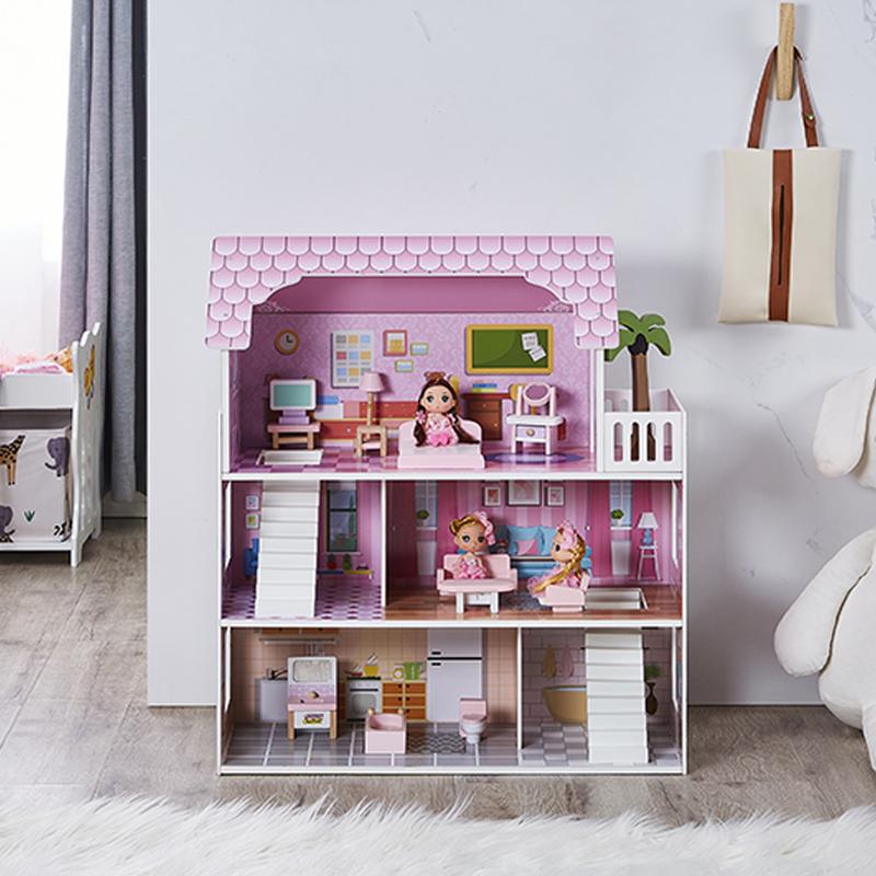 HILIROOM Wooden Dollhouse for Kids Girls, 3-Floors Dream House with Stairs and Furnitures, Gift for Ages 3+, 23.6