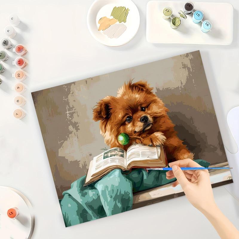 Dog Reading Book Pattern DIY Painting By Numbers Kit without Frame, DIY Paint By Numbers Kit for Beginner, Wall Art Decor for Home Living Room Bedroom