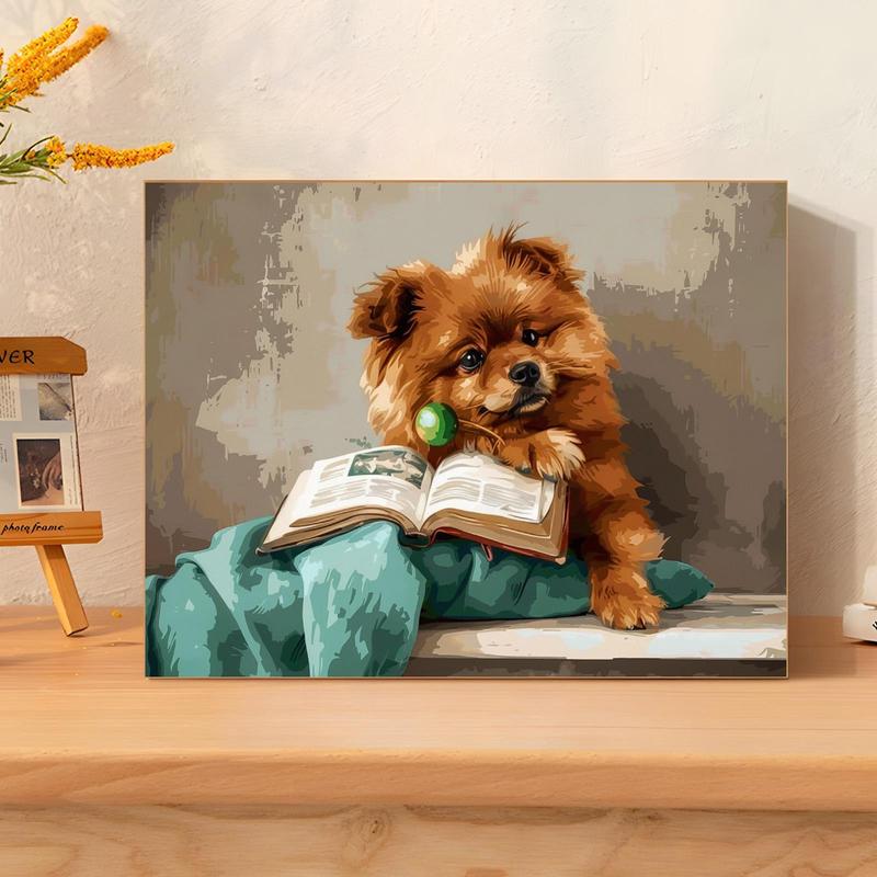 Dog Reading Book Pattern DIY Painting By Numbers Kit without Frame, DIY Paint By Numbers Kit for Beginner, Wall Art Decor for Home Living Room Bedroom