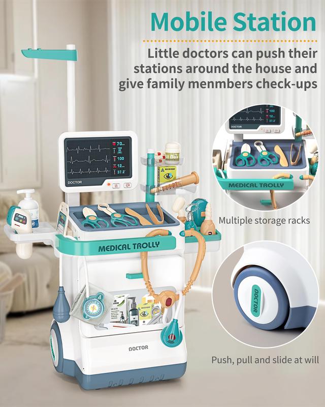 Doctor Kit for Kids, Pretend Medical Station Set for Boys & Girls,Pretend Medical Kit Toy, Mobile Cart with Sound and Light Functions, Kids Doctor Kit for Toddlers 3-5 Birthday Gift