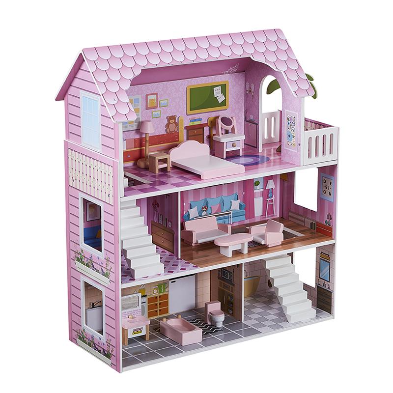 HILIROOM Wooden Dollhouse for Kids Girls, 3-Floors Dream House with Stairs and Furnitures, Gift for Ages 3+, 23.6