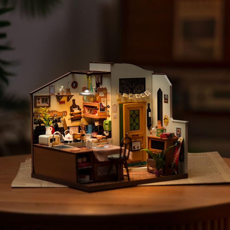 Rolife DIY Miniature Cozy Kitchen House Kit for Adults to Build, Tiny House Making Kit with Furnitures, Halloween Christmas Decorations light effect handmade diy 3d  wooden