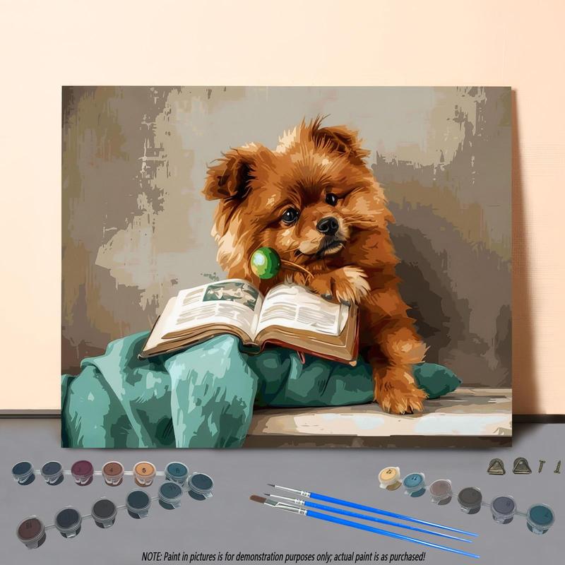 Dog Reading Book Pattern DIY Painting By Numbers Kit without Frame, DIY Paint By Numbers Kit for Beginner, Wall Art Decor for Home Living Room Bedroom