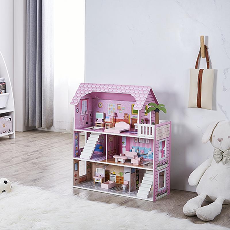 HILIROOM Wooden Dollhouse for Kids Girls, 3-Floors Dream House with Stairs and Furnitures, Gift for Ages 3+, 23.6