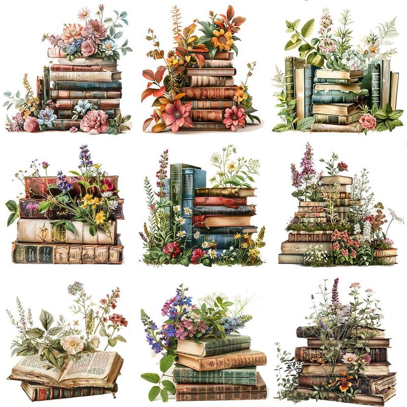 Vintage Flower & Book Pattern Sticker, 20pcs set Retro Flower Books Sticker, DIY Decorative Sticker for Scrapbooking, Journaling, Gift Wrapping