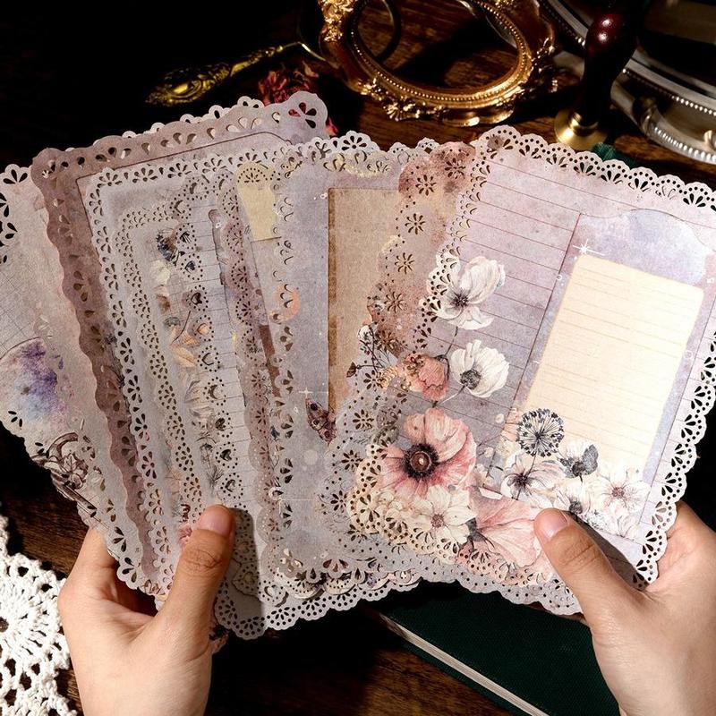 10pcs Vintage Material Paper, Retro Lace Brochure Handbook Background Paper, DIY Decorative Non Stick Paper For Scrapbooking & Journal Making