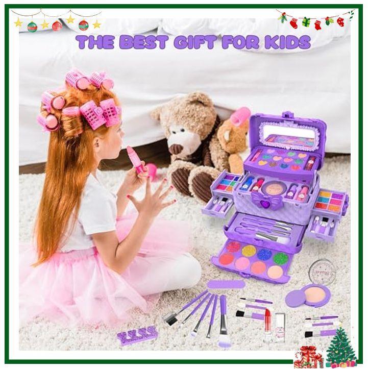 54 Pcs Kids Makeup Kit for Girls, Princess Real Washable Pretend Play Cosmetic Set Toys  Girls Kids (Purple)