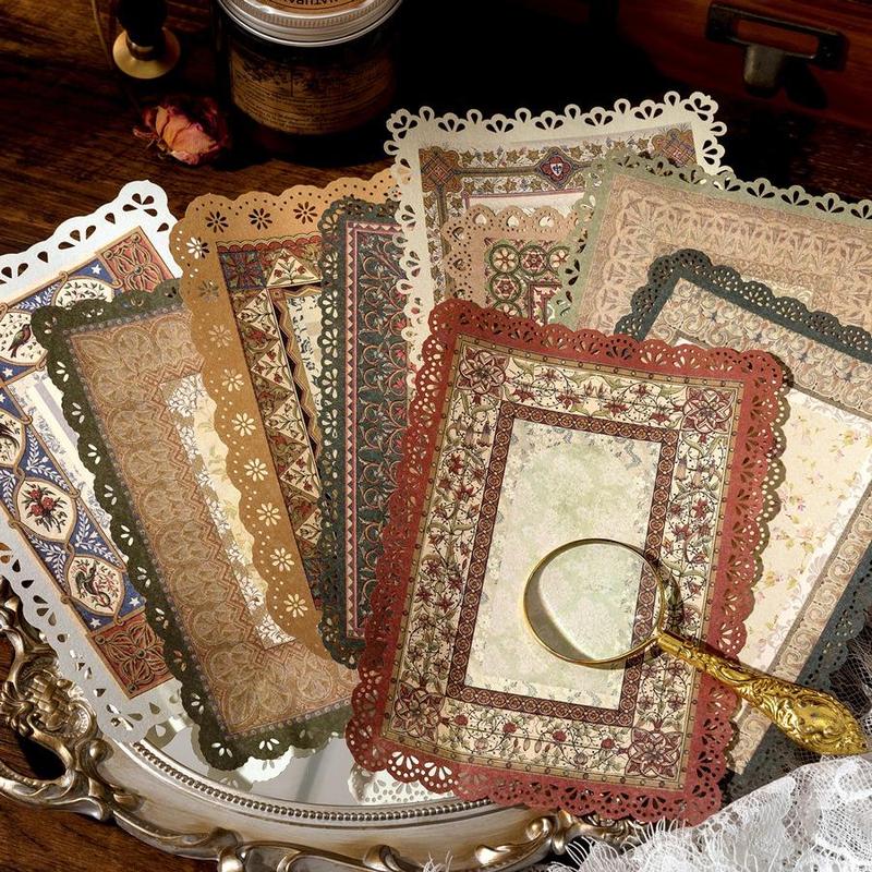 10pcs Vintage Material Paper, Retro Lace Brochure Handbook Background Paper, DIY Decorative Non Stick Paper For Scrapbooking & Journal Making