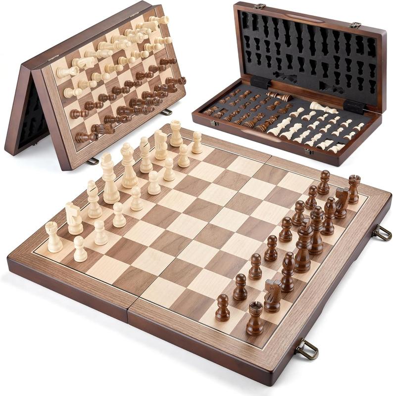 15 inch Magnetic Chess Set Wooden Folding Chessboard with 34 Chess Pieces Including 2 Extra Queens Travel Chess Game for Adults Kids Tournament