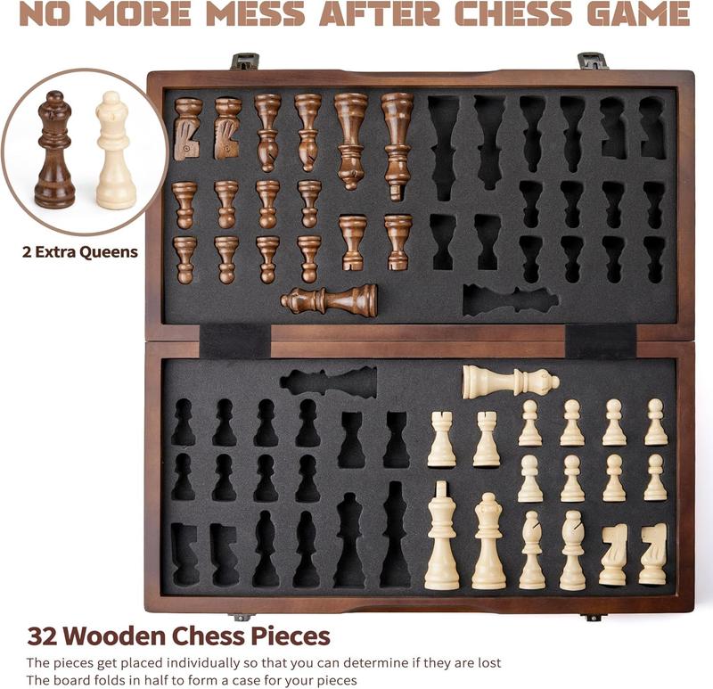 15 inch Magnetic Chess Set Wooden Folding Chessboard with 34 Chess Pieces Including 2 Extra Queens Travel Chess Game for Adults Kids Tournament