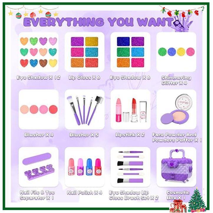 54 Pcs Kids Makeup Kit for Girls, Princess Real Washable Pretend Play Cosmetic Set Toys  Girls Kids (Purple)