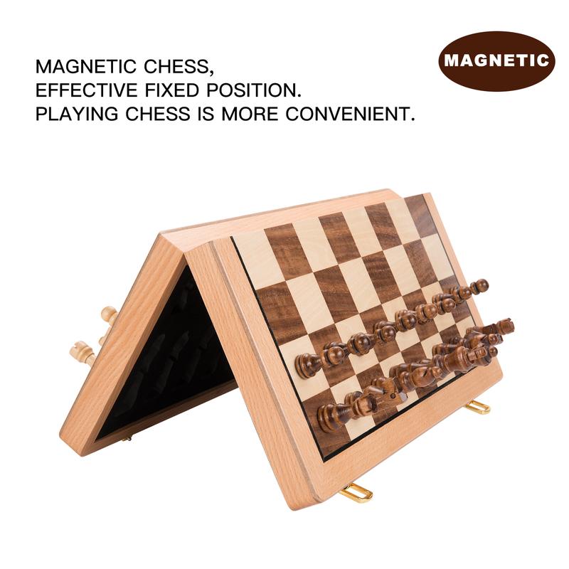 AMEROUS Magnetic Wooden Chess Set, 15 Inches Handmade Wooden Folding Travel Chess Board Game Sets with Chessmen Storage Slots for Kids and Adults, 2 BONUS Extra Queens, Gift Box Packed