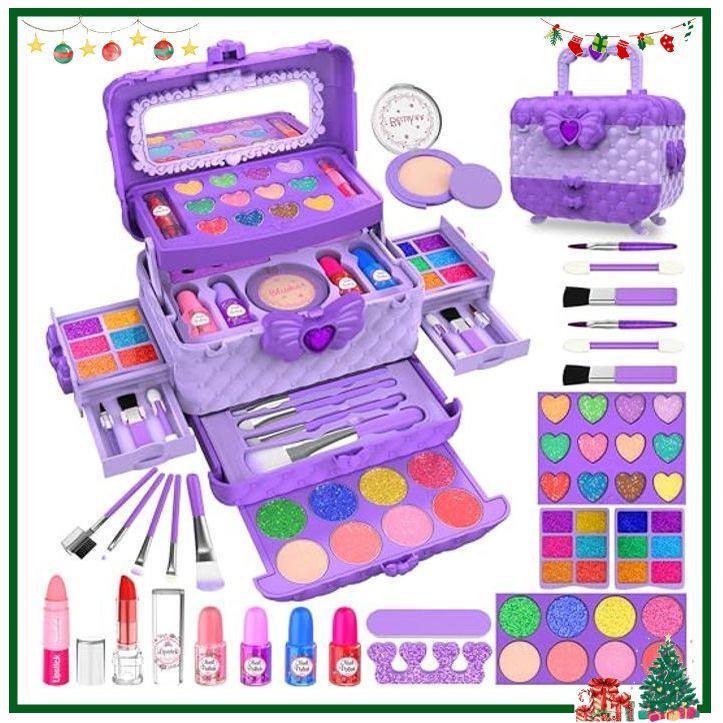 54 Pcs Kids Makeup Kit for Girls, Princess Real Washable Pretend Play Cosmetic Set Toys  Girls Kids (Purple)