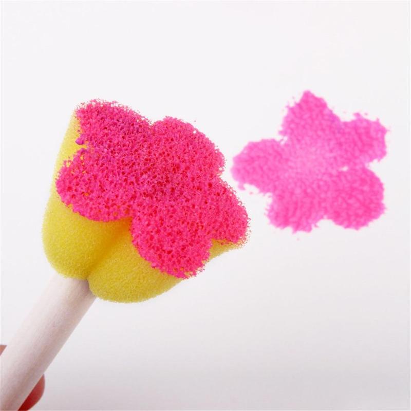 5pcs set Random Color Kids Sponge Stamp Brush Kit, Paint Learning Sponge Brush, Print Pattern Brushes with Wooden Handle