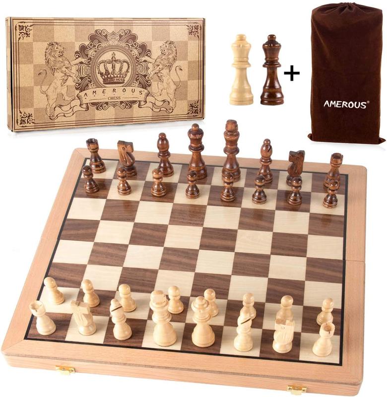 AMEROUS Magnetic Wooden Chess Set, 15 Inches Handmade Wooden Folding Travel Chess Board Game Sets with Chessmen Storage Slots for Kids and Adults, 2 BONUS Extra Queens, Gift Box Packed