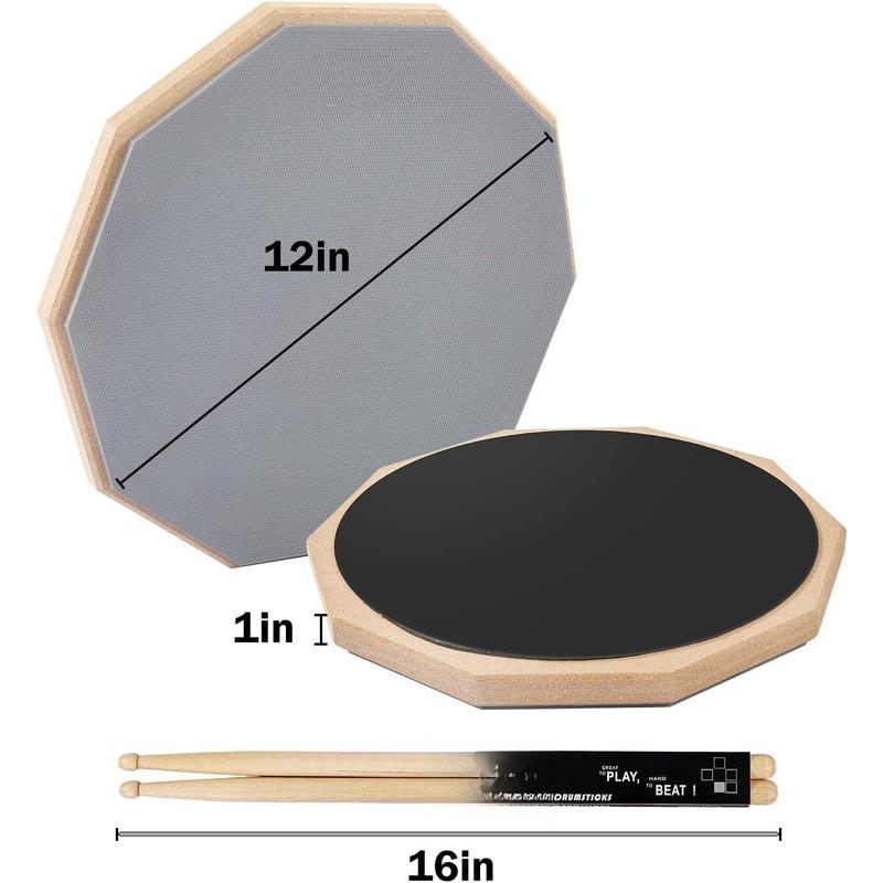 Drum Practice Pad for drumming drum pad and sticks 12 In,Sided With 2 Pairs 4 Maple 5A Drum Sticks & Storage Bag(Gray)