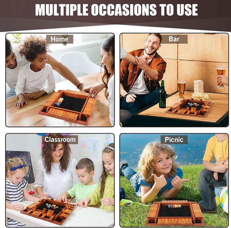 4 Players Shut The Box Dice Games, Wooden Board Table Math Game with 12 Dice and Instructions, Classics Close The Box Board Game for Adults Kids, Family Classroom Home or Bar