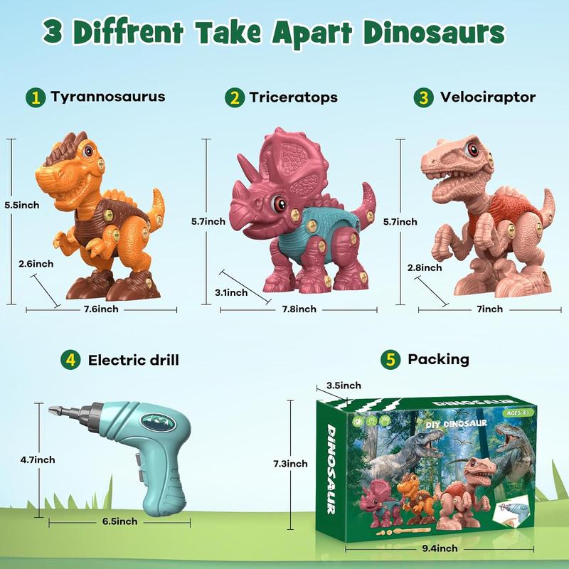 Christmas Gift for Kids 3 Dinosaur Animal Toys Gift for Kids Take Apart STEM Kid,Construction Building Kid Toys with Electric Drill, Party Christmas Birthday Gifts for Boys Girls