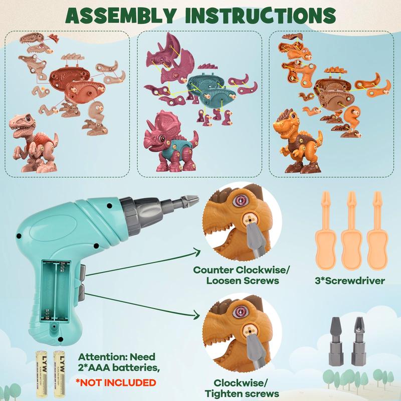 Christmas Gift for Kids 3 Dinosaur Animal Toys Gift for Kids Take Apart STEM Kid,Construction Building Kid Toys with Electric Drill, Party Christmas Birthday Gifts for Boys Girls