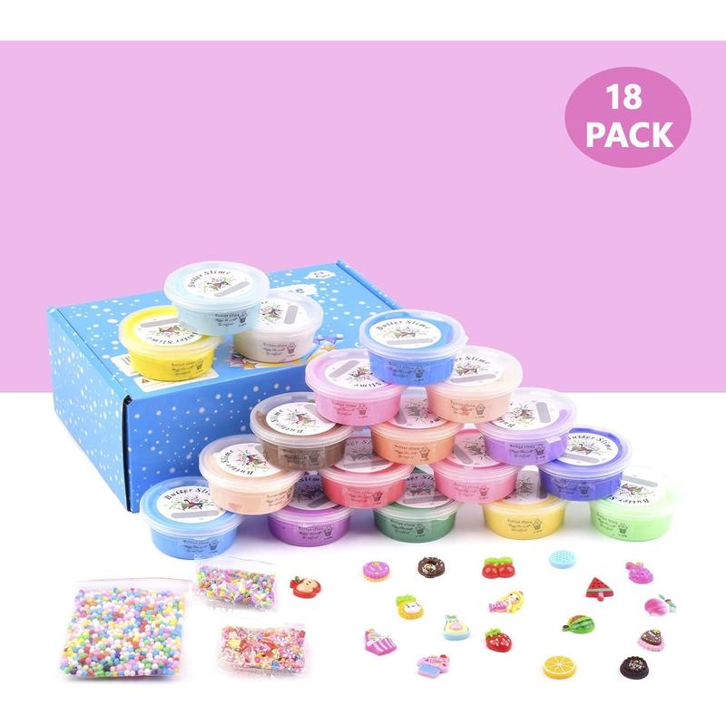 18 Pack Super Soft Butter Slime Kit, with Candy, Ice Cream, Fruit, Cute Fun Charms, Scented Slime Party Favor Gifts for Girls and Boys, DIY Putty Toys for Kids