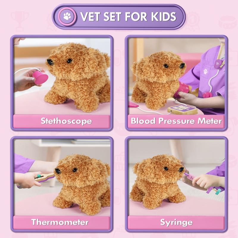 Lehoo Castle Wooden Doctors Set for Kids, Vet Set for Kids, Boy Girl Gifts, Vet Kit with Plush Dog, Kids Doctors Kit, Pretend play for kids