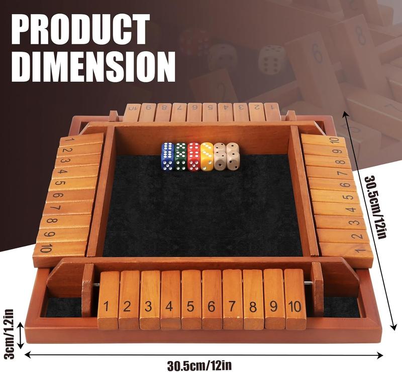 4 Players Shut The Box Dice Games, Wooden Board Table Math Game with 12 Dice and Instructions, Classics Close The Box Board Game for Adults Kids, Family Classroom Home or Bar