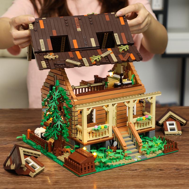 FUNWHOLE Wood-Cabin Building Set with LED Lights - Construction Building Model Set 2097 PCS for Teen and Adults with LED Lighting Kit