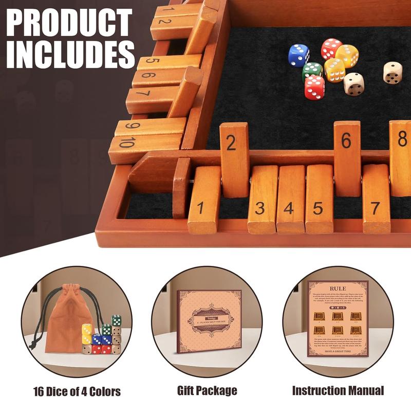 4 Players Shut The Box Dice Games, Wooden Board Table Math Game with 12 Dice and Instructions, Classics Close The Box Board Game for Adults Kids, Family Classroom Home or Bar