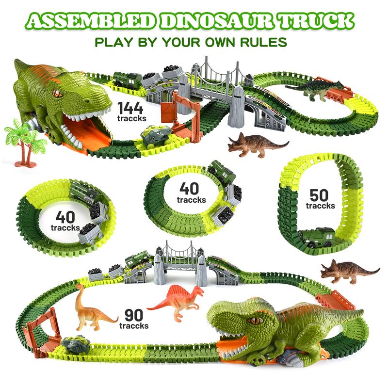 Dinosaur Toys Race Car Track,144 PCS Flexible Train Tracks with 5 Dinosaurs Figures,Electric Race Cars Vehicle Playset Dinosaur Toy Train Set Tracks (Classic Edition)